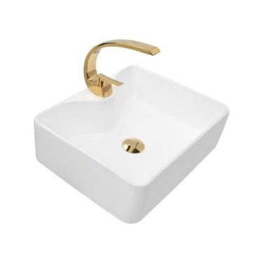 Imagem de Kit Cuba Pia Louça Cerâmica Banheiro C/Torn E Vál Dourada 27 - Geral