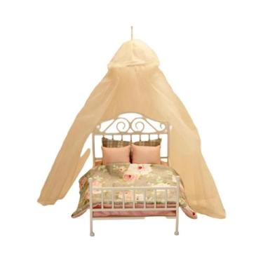 Imagem de Cama De Ferro Branca Com Conjunto De Roupa De Cama De 3 Peças E Dossel