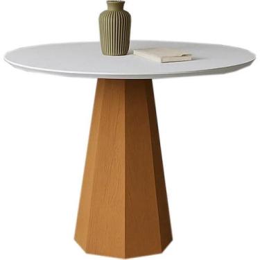 Imagem de Mesa Isis com Vidro Redonda 100cm New Ceval Cor Ipê Off White, Ipê Off