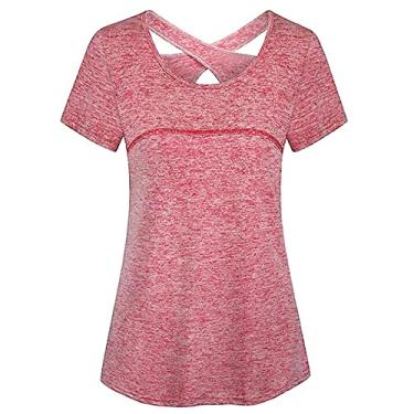 Imagem de Camiseta feminina manga curta para ioga, secagem rápida, corrida, treino, camiseta esportiva, top, ioga, roupas esportivas(L)(vermelho)