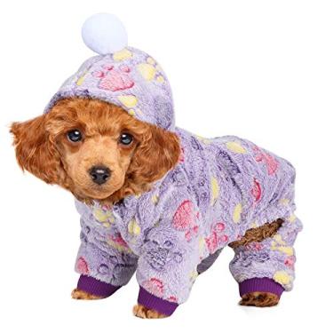 Imagem de Moletom com capuz para cães macacão de inverno quente para animais de estimação confortável pijama de flanela para cachorro roupas fofas para animais de estimação roupas para clima frio (pata de cachorro roxo)