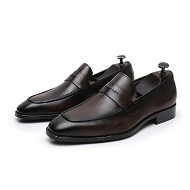 Imagem de Sapatos masculinos de couro Sapatos Oxford formais para homens bico redondo sapatos casuais de couro de negócios confortáveis sapatos de casamento sem cadarço sapatos de condução de couro