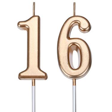 Imagem de Velas de aniversário de 16 anos número de bolo velas de feliz aniversário decoração de topo para aniversário de casamento, aniversário de casamento, celebração, champanhe dourado