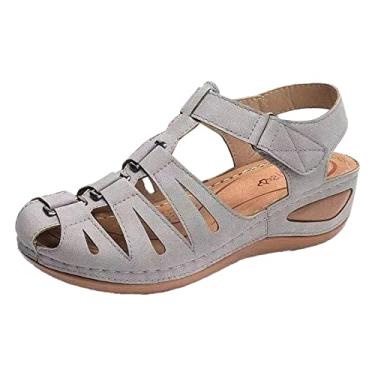Imagem de Sandálias anabela estilo romano tamanho grande gancho laço sólido conforto sandálias anabela para mulheres bege, Cinza, 9