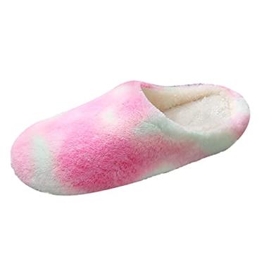 Imagem de Chinelos de dedo do pé redondo sapatos femininos multicoloridos tie-dye para mulheres plus veludo inverno chinelos para mulheres interior, Vermelho, 8