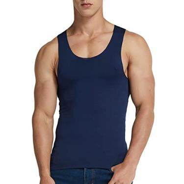 Imagem de Camisetas grandes masculinas colete de seda gelo fitness ombro estreito corrida esportes sem costura secagem rápida manga longa tops, Azul-marinho, XG