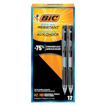 Imagem de BIC Lapiseiras resistentes à quebra com borrachas, ponta média nº 2 (0,7 mm), pacote com 12 lápis para materiais escolares ou de escritório