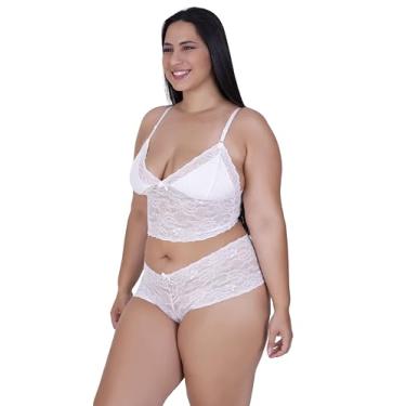 Imagem de Conjunto Lingerie Plus Size De Renda Espera Marido Cropped e Calcinha Short Sexy (Branco, 48)