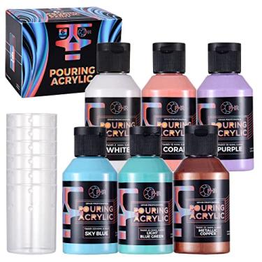 Imagem de OPHIR Tinta acrílica derramada, conjunto de 6 garrafas para iniciantes, garrafas de 4 oz/branco, coral, roxo, azul céu, verde azul claro, cobre metálico, tinta acrílica à base de água de alto fluxo, materiais de arte para despejar em tela, madeira, vidro, papel, azulejo e pedras
