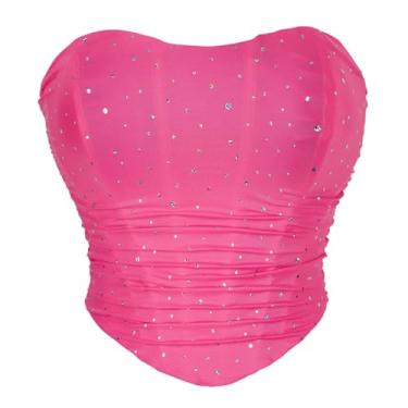 Imagem de TeidEa Espartilho sexy de malha respirável com lantejoulas overbust top cropped lingerie modelador corporal bustiê rosa vermelho preto moda, rosa, G