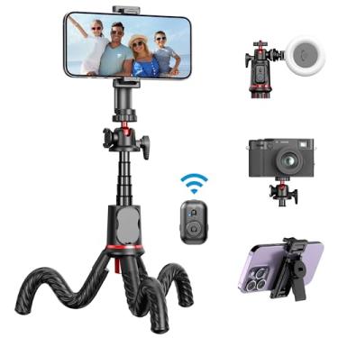 Imagem de Tripé para iPhone, tripé de câmera flexível extensível para celular com controle remoto sem fio, rotação de 360°, tripé de viagem portátil anti-rachadura para gravação de vídeo/vlog/transmissão ao