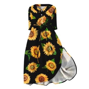 Imagem de Elogoog Vestidos de verão para mulheres 2024 gráfico franzido havaiano vestido maxi elegante manga curta cintura elástica floral vestido de trabalho, Amarelo (E-Yellow, 4G