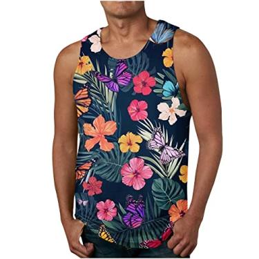 Imagem de Camiseta masculina havaiana regata tropical simples colete masculino gola redonda trilha academia praia verão outono colete 2024, F-648 azul-marinho, M