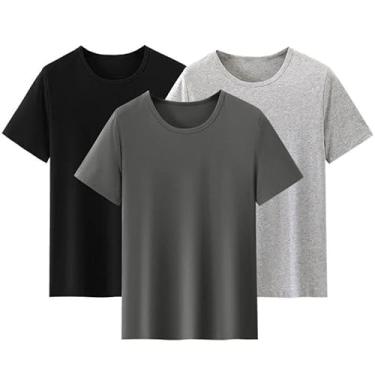 Imagem de 3 peças modal gola redonda manga curta camiseta para homens e mulheres verão fresco cor sólida modal camiseta.., Preto, branco, cinza, M