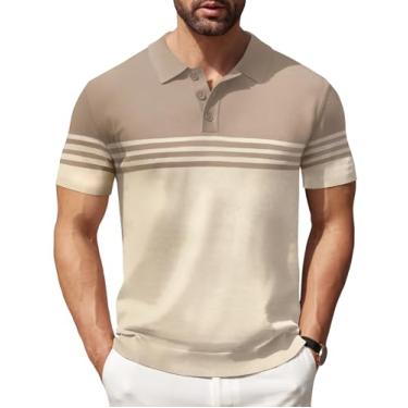 Imagem de COOFANDY Camisa polo masculina de malha de manga curta, listrada, moderna, casual, para golfe, Caqui e bege, 3G