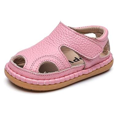 Imagem de Sandálias esportivas de couro para meninos e meninas da Dadawen, sola macia e leve, com bico fechado, rosa, 4 Toddler