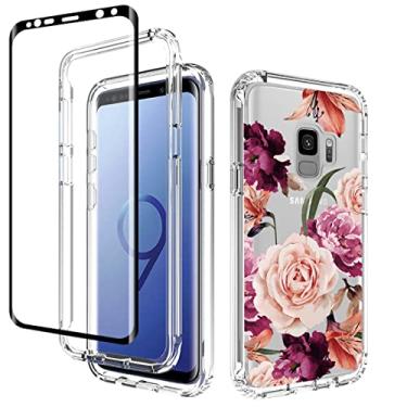 Imagem de Vavies Capa para Galaxy S9, SM-G960U com protetor de tela de vidro temperado, capa de telefone transparente flexível com design floral para Samsung Galaxy S9 (flor roxa)