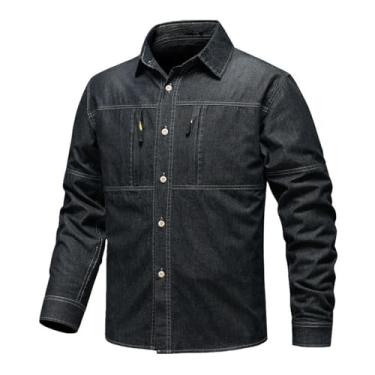 Imagem de Camisa jeans masculina, manga comprida, cor sólida, botões frontais, gola aberta, caimento solto, Preto, 4G