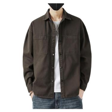 Imagem de Camisa jeans masculina, manga comprida, gola aberta, cor lisa, botões frontais, bainha reta, Café, 3G