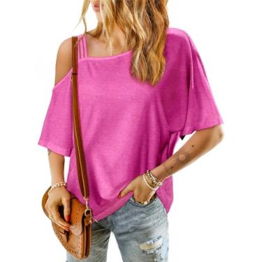Imagem de Dokotoo Camisetas femininas sexy com ombros de fora 2024 da moda, blusas de verão, manga curta, casuais, férias, Vermelho rosa, GG
