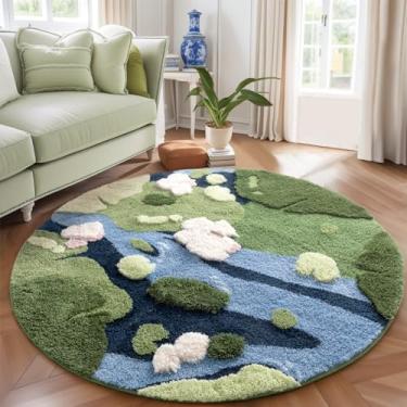 Imagem de YIHOUSE Tapete de área redondo moderno, tapete estético de musgo verde grama para quarto, antiderrapante, felpudo, tapete circular lavável para quarto de bebê, meninas, sala de estar, sala de jogos,