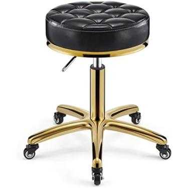 Imagem de Tamborete giratório, banco de barbeiro com altura ajustável sobre rodas, banco de metal hidráulico resistente com haste de cadeira dourada para cozinha, salão de beleza, massagem, clínica, b