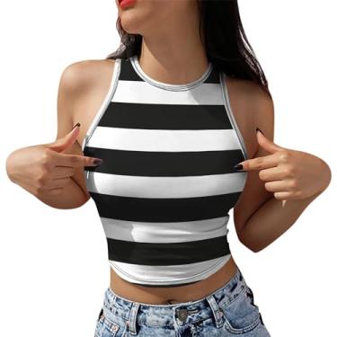 Imagem de PKDong Regata cropped feminina sexy sem mangas, listrada, patchwork, gola única, camiseta de treino, moda verão, Preto, M