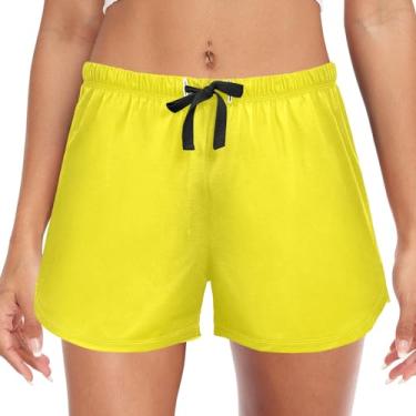 Imagem de CHIFIGNO Short feminino de pijama fofo, calça de pijama feminina, shorts com cordão e bolsos, P-2GG, Amarelo canário, G