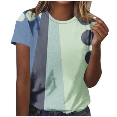 Imagem de MaMiDay Camiseta feminina estampada de patchwork 2024 verão moderna manga curta gola redonda camiseta pulôver leve macio, Azul, XXG
