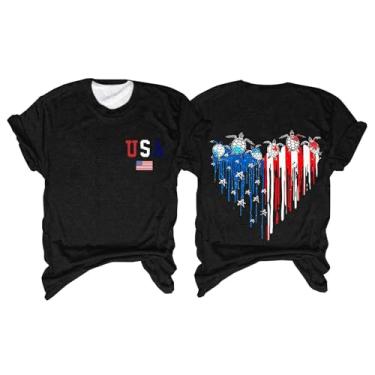 Imagem de Camiseta feminina Dia da Independência com a bandeira dos EUA de manga curta com estampa de tartarugas coração 4 de julho, Preto, XXG