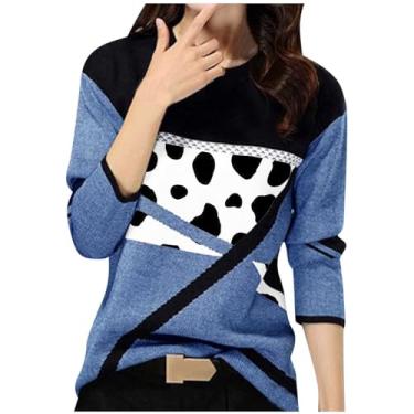 Imagem de Homisy Camisetas femininas modernas de manga comprida com patchwork color block top outono inverno blusas soltas e casuais, E#dot Blue, M
