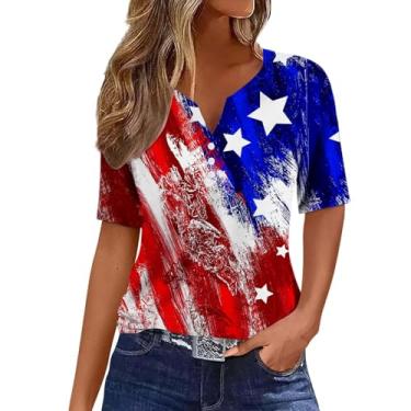 Imagem de Camiseta feminina patriótica de manga curta com bandeira americana 4th of July gola Henley Stars Stripes Túnica, Azul-celeste, G