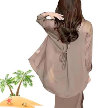 Imagem de Camisa de chiffon com protetor solar de verão, camisa de proteção solar, material de seda, blusa feminina de chiffon com proteção solar de manga comprida, Caqui, S (40-47.5kg)