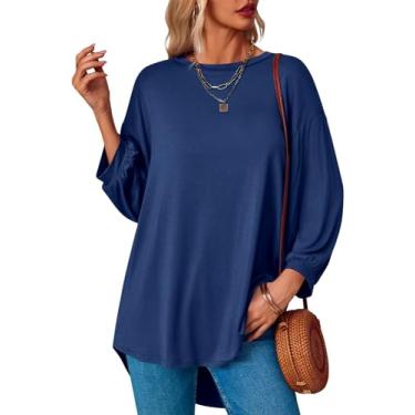 Imagem de Tankaneo Camisetas femininas grandes de verão, casual, caimento solto, manga morcego, túnica com leggings, Azul marino, XXG