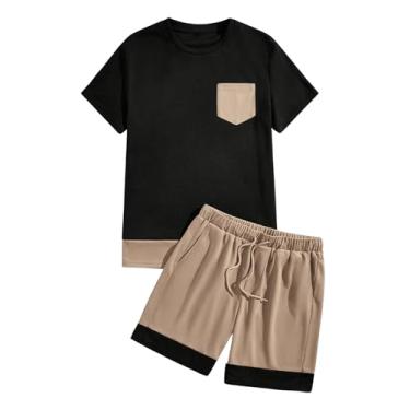 Imagem de GORGLITTER Conjunto de 2 peças de camiseta masculina de manga curta e short de trilha com bolso color block, Preto, P