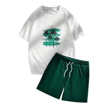 Imagem de SHENHE Camiseta masculina de manga curta com gola redonda e short com cordão, Verde tropical e branco, G