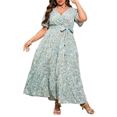 Imagem de ShopWonder Vestido feminino plus size com decote em V, cintura alta, babados, vestido casual de verão com cinto, Verde, branco, XGG