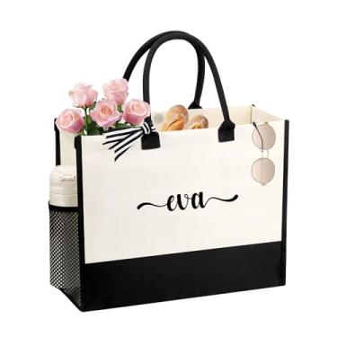 Imagem de JTENGTOP Sacola com nome personalizado para mulheres, presentes de dama de honra de aniversário para mulheres, sacolas reutilizáveis de lona de supermercado com inicial, Preto e branco, One Size