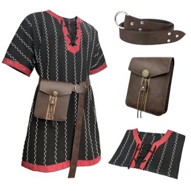 Imagem de HiiFeuer Túnica solta listrada medieval, com cinto e bolsa vintage, camisa de cavaleiro renascentista com cadarço, fantasia de pirata viking, Preto GG, GG