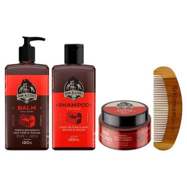 Imagem de Kit Balm Shampoo Pasta Barba Negra e Pente Curvo Don Alcides