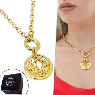 Imagem de Colar Corrente Elo Português Medalha Sagrada Família Banhado a Ouro - 