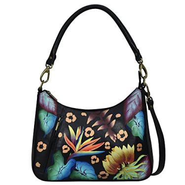 Imagem de Anna by Anuschka Hobo feminino de couro genuíno pintado à mão com zíper superior grande, Tropical Dreams Preta, One Size