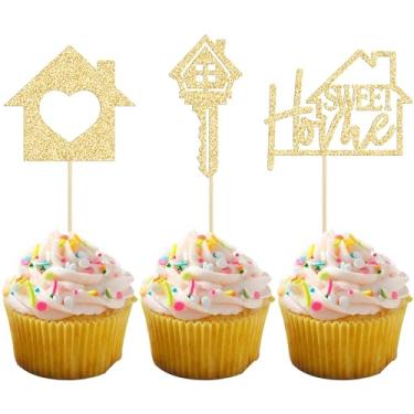 Imagem de Gyufise 24 peças de enfeites de cupcake Sweet Home para decoração de bolos com glitter dourado e chave de boas-vindas, para decoração de bolos, decoração de casa