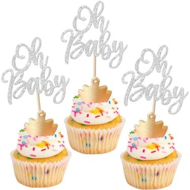Imagem de Rsstarxi 24 Pack Oh Baby Cupcake Toppers Glitter Baby Shower Cupcake Picks Gender Reveal Cake Decorations for Boys Girls Baby Shower Birthday Party Decorations Silver