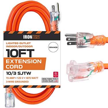 Imagem de Iron Forge Cable Cabo de extensão iluminado para ambientes externos de 25 metros - Cabo de extensão de calibre 10 SJTW laranja 10/3 com plugue aterrado de 3 garras para segurança, 15 AMP - Ótimo para equipamentos de jardim e grandes