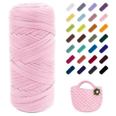 Imagem de JeogYong Fio de camiseta, 200 g/59,7 m, tecido elástico de tecido de tricô, fita de tecido de crochê grosso rosa para sacos de crochê/cestas/tapetes, decoração de casa, artesanato faça você mesmo