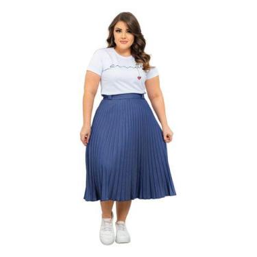 Imagem de Saia Plissada Midi Evase Jeans Leve Com Elastico Cristã - Boni'Tá Moda
