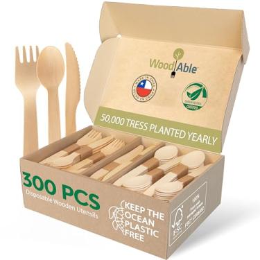 Imagem de Conjunto de talheres descartáveis de madeira – 100% compostável em casa – mistura 300 (120 garfos, 120 colheres e 80 facas) 16,5 cm, utensílios de bambu alternativos, ecológicos, orgânicos,