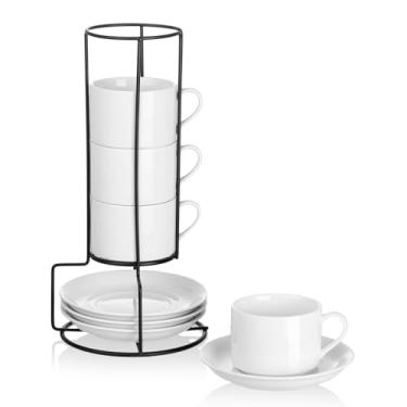 Imagem de Meichu Copos de cappuccino empilháveis de porcelana de 227 g com pires e suporte de metal, conjunto de 4 xícaras de café para expresso, bebidas de café especiais, latte, americano e chá - branco