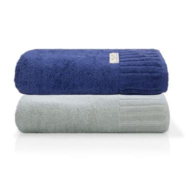 Imagem de Jogo Toalha De Banho Gigante Ele/Ela Velour 500g/m², 100% Algodão, 02 Peças 85cm x 150cm, Toque Super Macio, Aconchegante, Melhor Absorção, Moderno E Sofisticado (Marinho/Limestone)